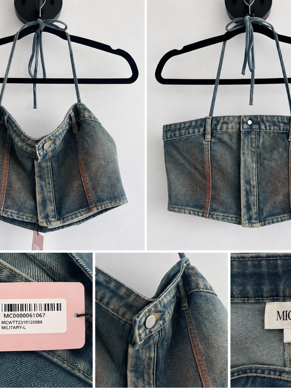 Denim Halter Crop Top in Military Blue